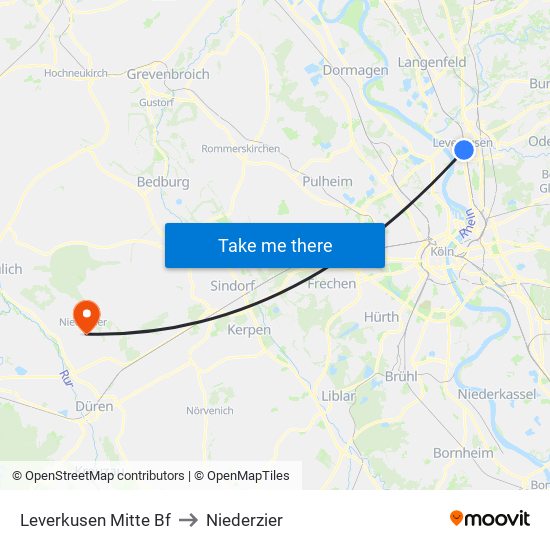 Leverkusen Mitte Bf to Niederzier map