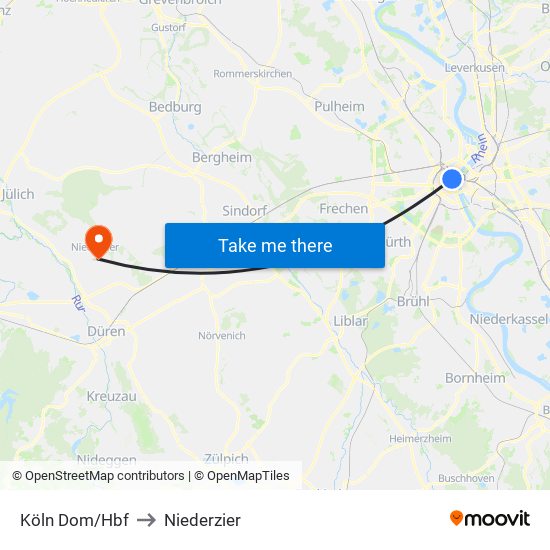 Köln Dom/Hbf to Niederzier map