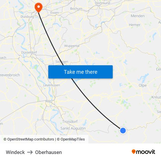 Windeck to Oberhausen map