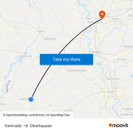 Kerkrade to Oberhausen map