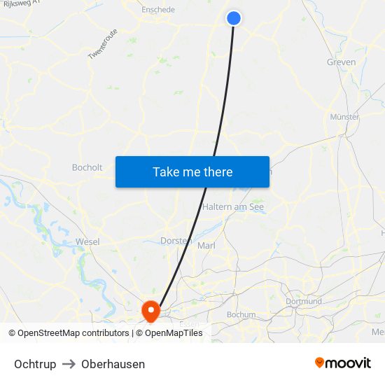 Ochtrup to Oberhausen map