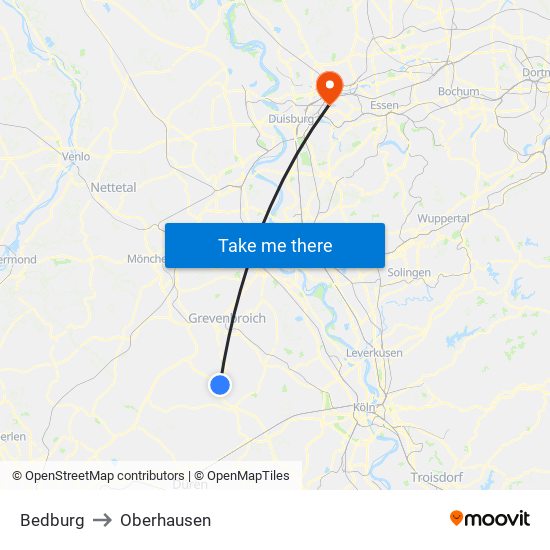 Bedburg to Oberhausen map