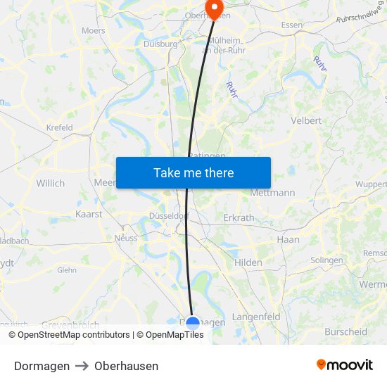 Dormagen to Oberhausen map