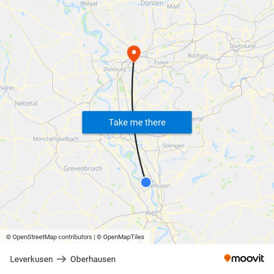 Leverkusen to Oberhausen map