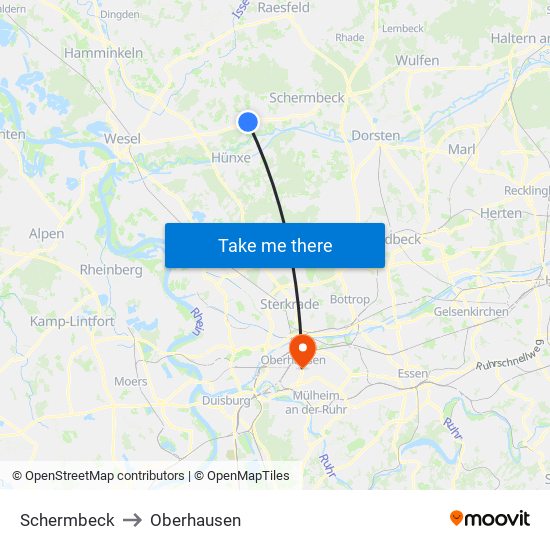 Schermbeck to Oberhausen map