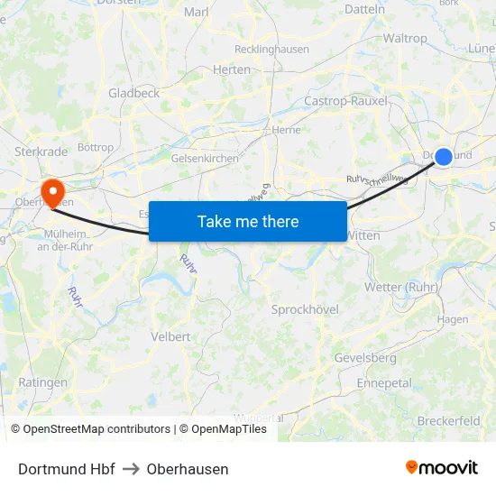 Dortmund Hbf to Oberhausen map
