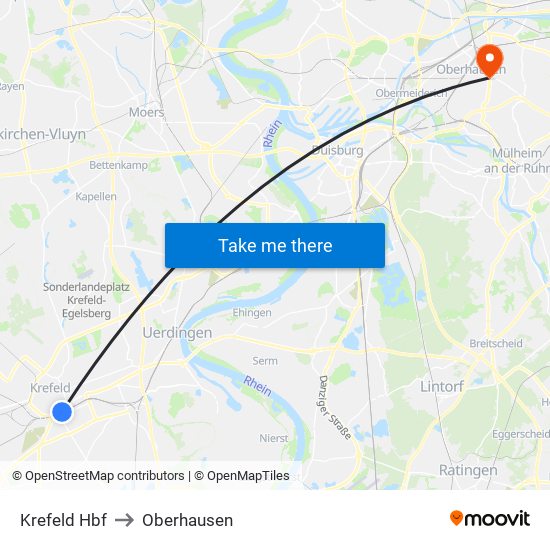 Krefeld Hbf to Oberhausen map