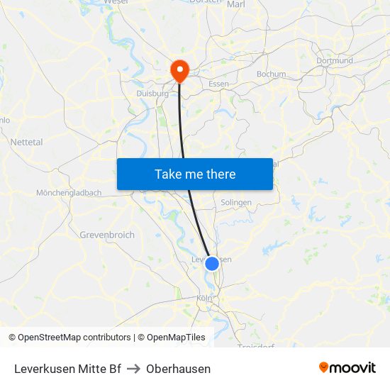 Leverkusen Mitte Bf to Oberhausen map