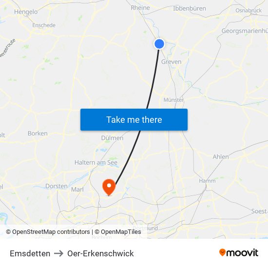 Emsdetten to Oer-Erkenschwick map