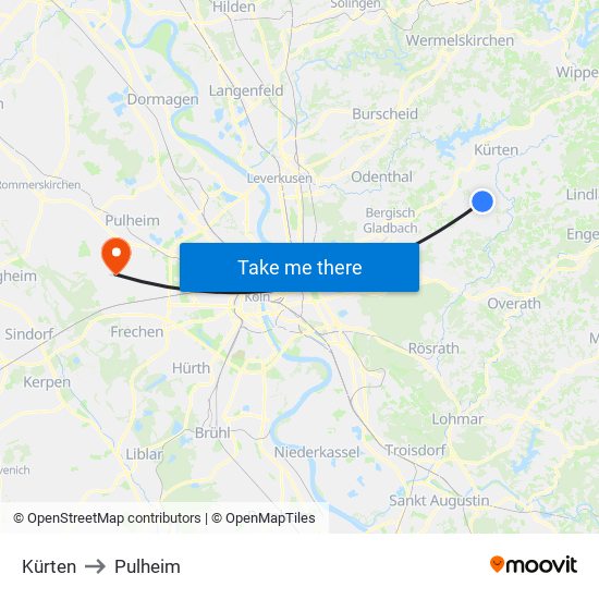 Kürten to Pulheim map