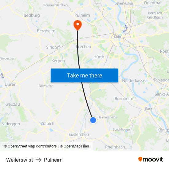 Weilerswist to Pulheim map