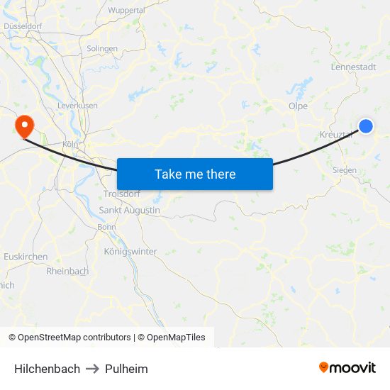 Hilchenbach to Pulheim map