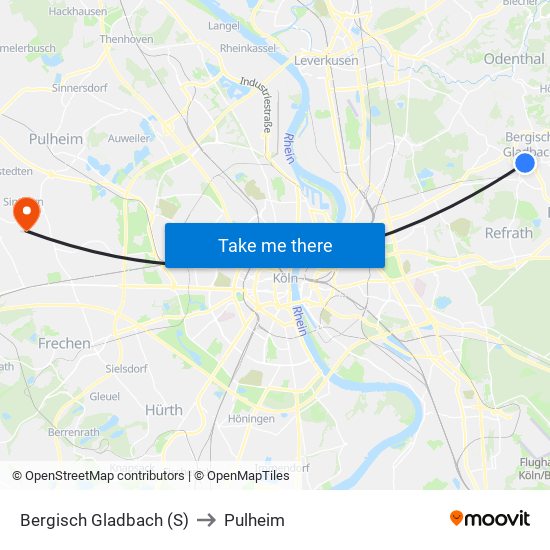 Bergisch Gladbach (S) to Pulheim map