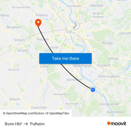 Bonn Hbf to Pulheim map