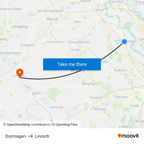 Dormagen to Linnich map
