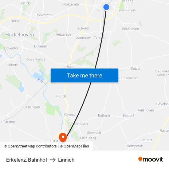 Erkelenz, Bahnhof to Linnich map