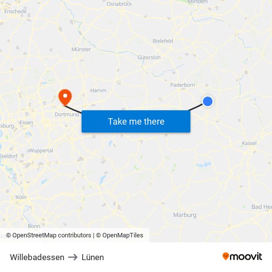 Willebadessen to Lünen map