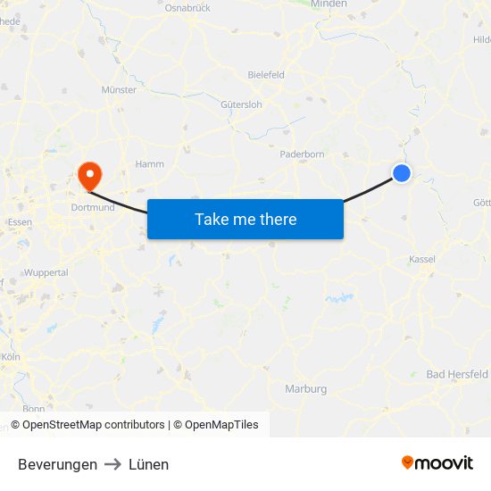 Beverungen to Lünen map