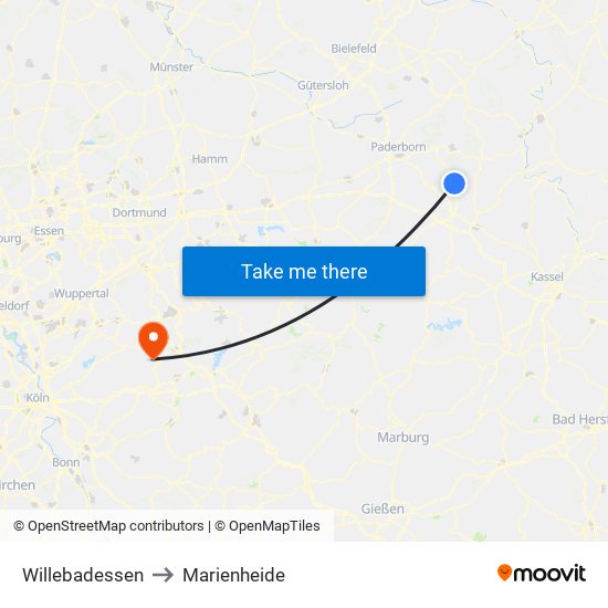 Willebadessen to Marienheide map