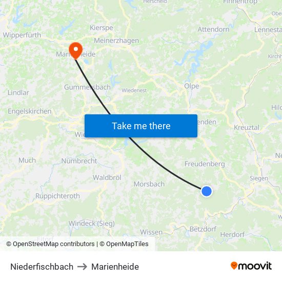 Niederfischbach to Marienheide map