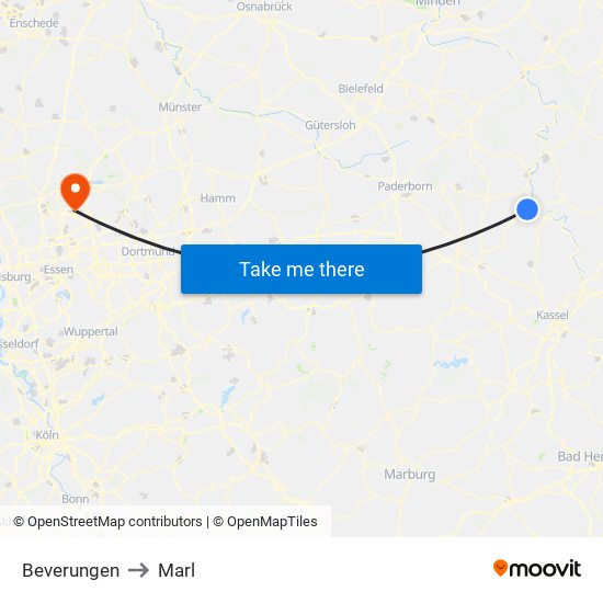 Beverungen to Marl map