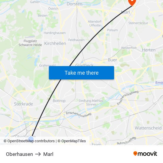 Oberhausen to Marl map