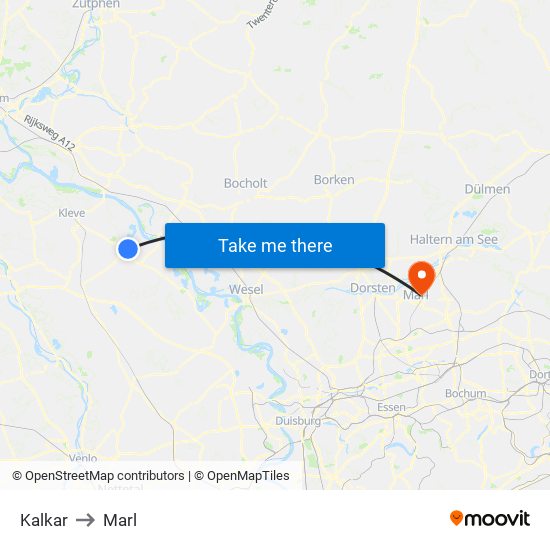 Kalkar to Marl map