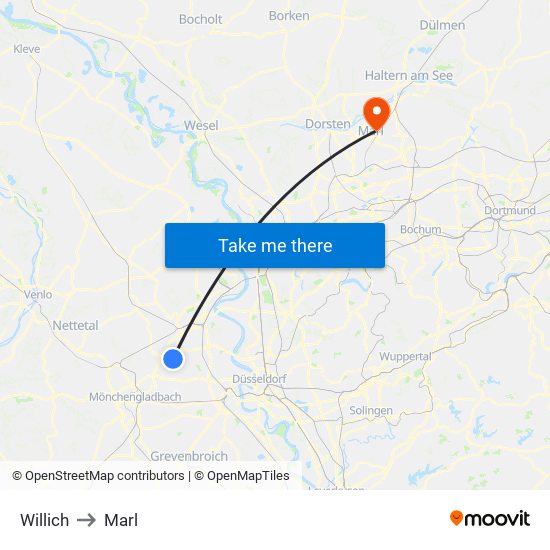 Willich to Marl map