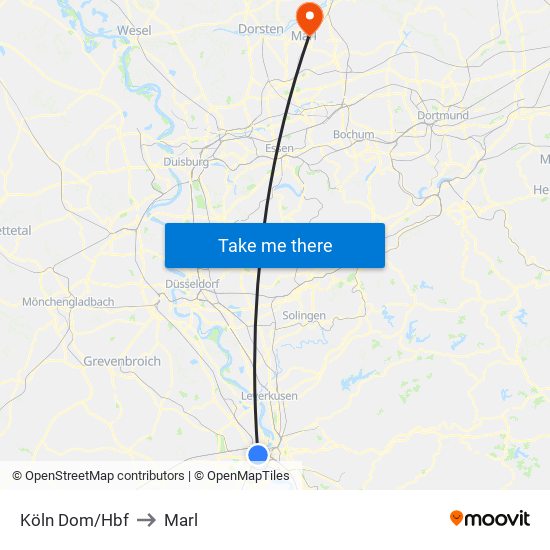 Köln Dom/Hbf to Marl map