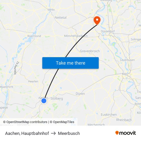 Aachen, Hauptbahnhof to Meerbusch map