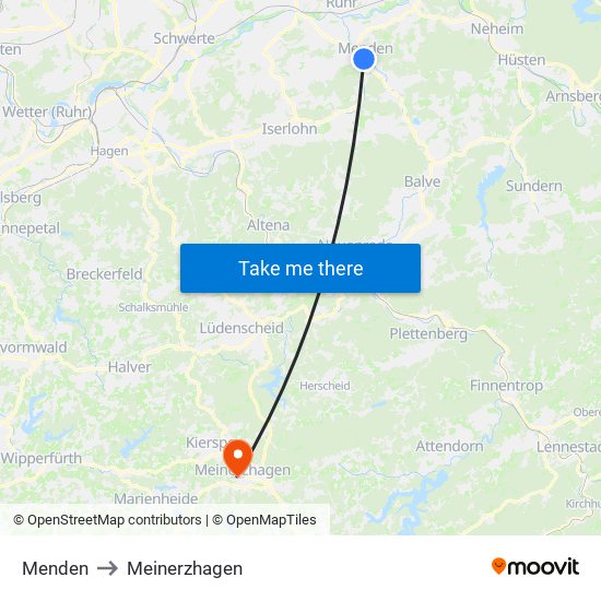 Menden to Meinerzhagen map