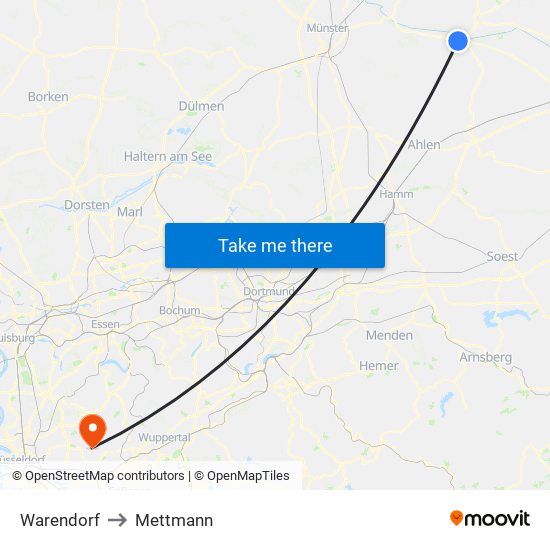 Warendorf to Mettmann map