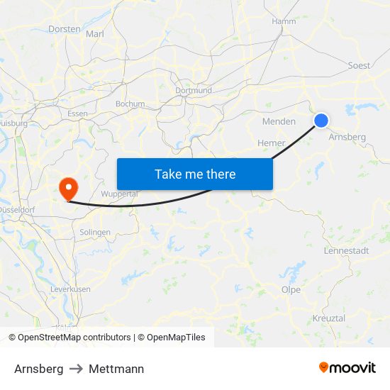 Arnsberg to Mettmann map