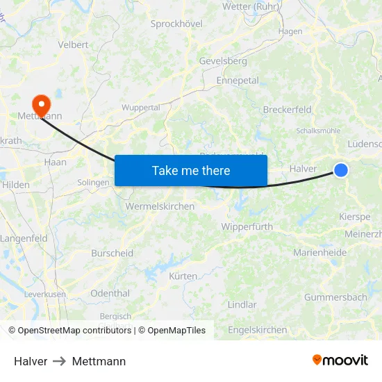 Halver to Mettmann map