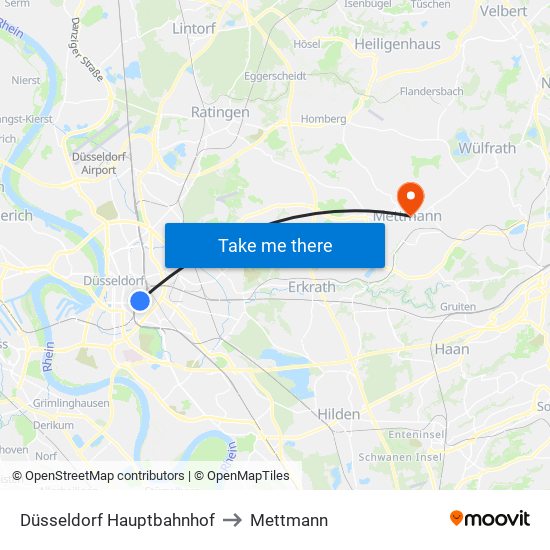 Düsseldorf Hauptbahnhof to Mettmann map