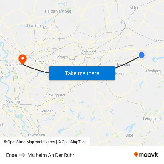 Ense to Mülheim An Der Ruhr map