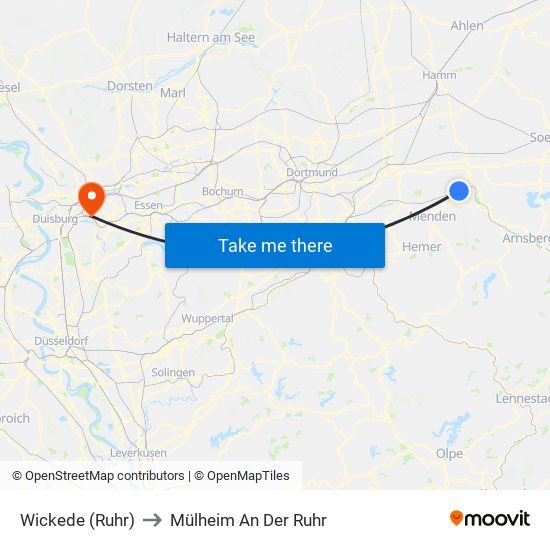 Wickede (Ruhr) to Mülheim An Der Ruhr map