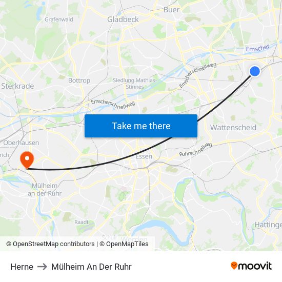 Herne to Mülheim An Der Ruhr map