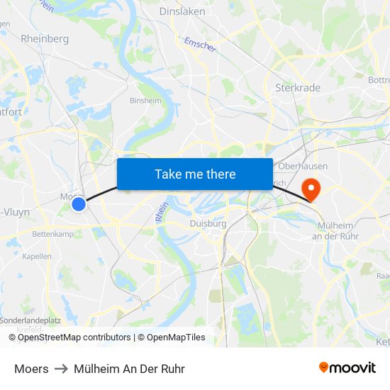 Moers to Mülheim An Der Ruhr map