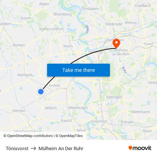 Tönisvorst to Mülheim An Der Ruhr map