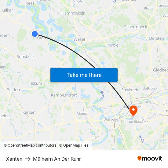 Xanten to Mülheim An Der Ruhr map