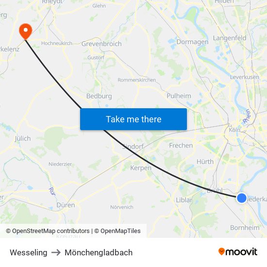 Wesseling to Mönchengladbach map