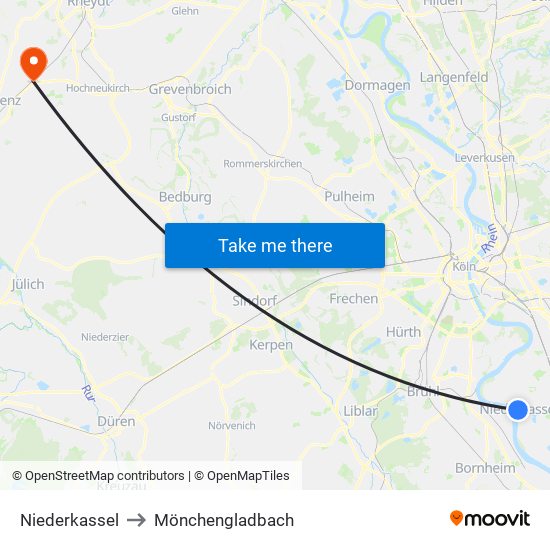 Niederkassel to Mönchengladbach map