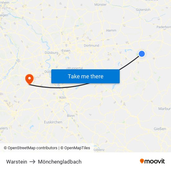 Warstein to Mönchengladbach map