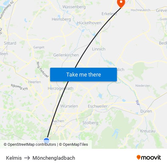 Kelmis to Mönchengladbach map