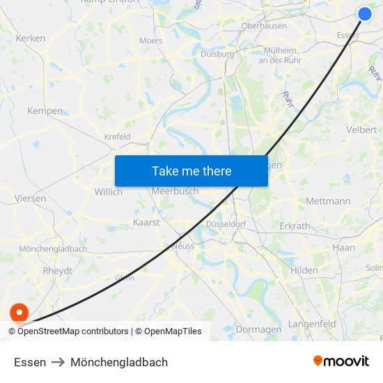 Essen to Mönchengladbach map