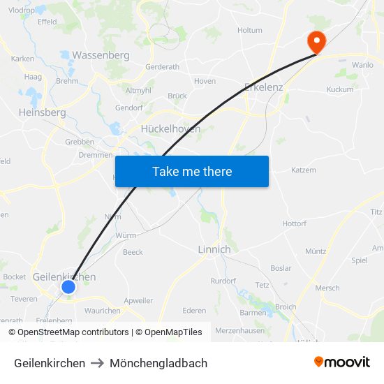 Geilenkirchen to Mönchengladbach map