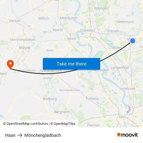 Haan to Mönchengladbach map