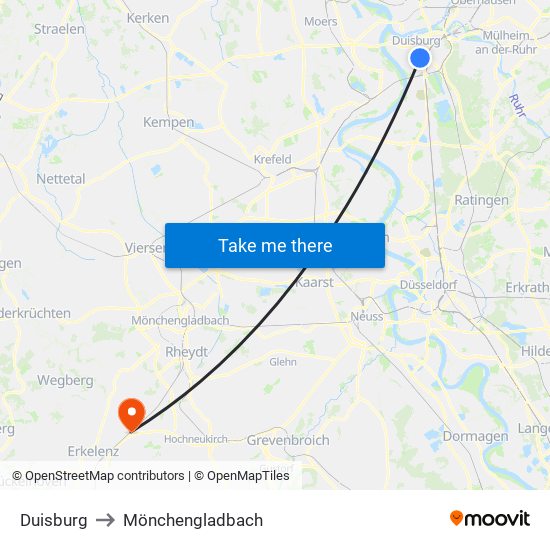 Duisburg to Mönchengladbach map