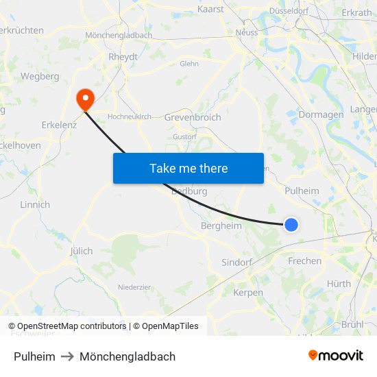 Pulheim to Mönchengladbach map